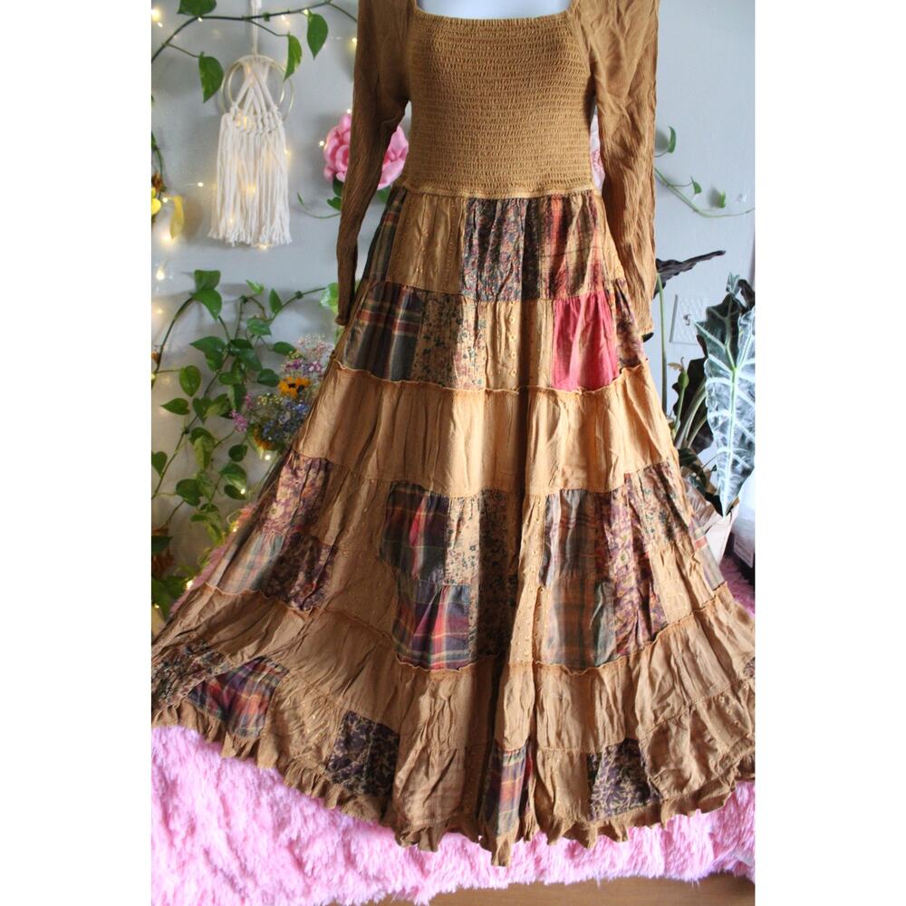Young Threads Camel Patchwork Smocked Tiered Maxi Dress Size S NWT Boho - Picture 10 of 11